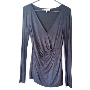 Jennifer López Blouse Wrap-style Ruched Long Sleeve V Neck Size XS Black Color